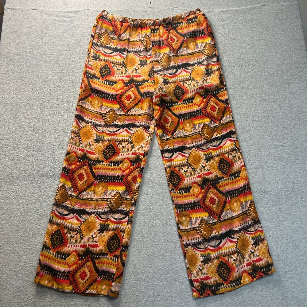 DGNY Boho Palazzo Pants Womens Large Tribal Geometric Print Wide Leg Lounge Wear